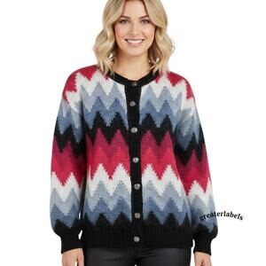 Susan Bristol Vintage 90s Wool Blend Zigzag Knit Cardigan Sweater Size S